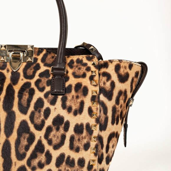 Valentino Brown Leopard Calf Hair Golden Rockstud Double Handle Tote - Picture 8 of 15